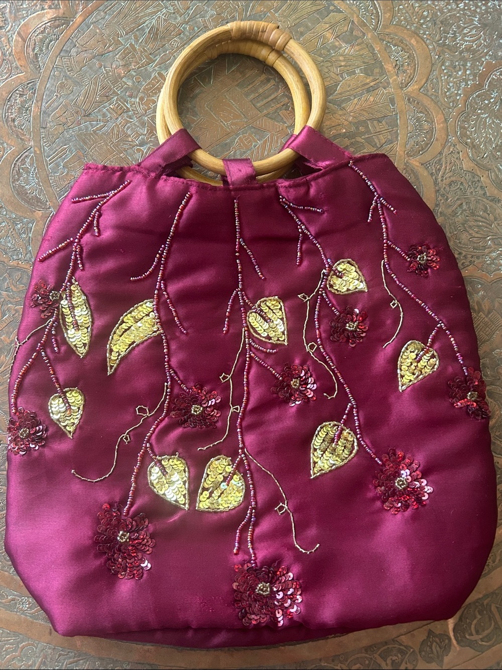 Vintage beaded satin Bohemian gypsy bamboo handle handbag purse